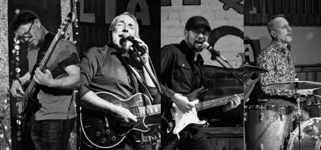 black and white High Society Electric Blues lineup image showing, from left to right, Will, Eric, Mike and Jason